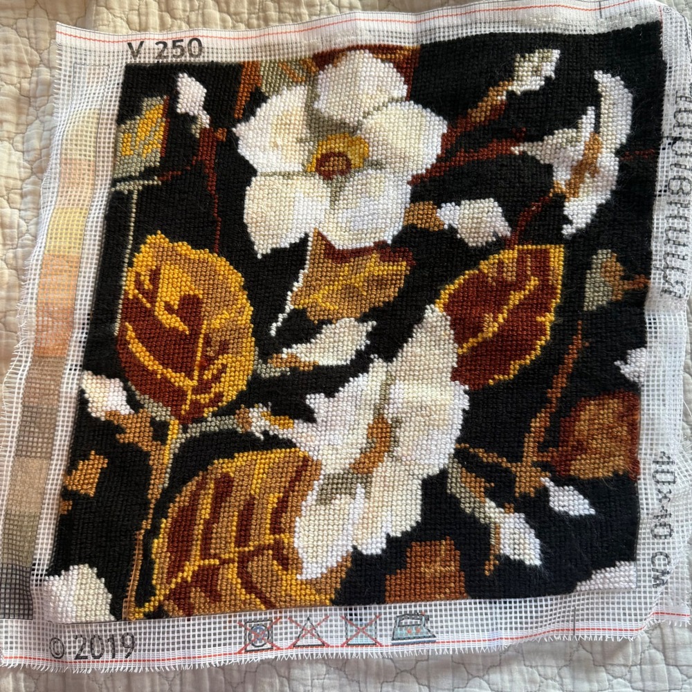 Vervaco V 250 Completed Needlepoint Canvas Floral Magnolia Black Gold 16x16